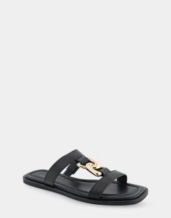 Comfortable Women's Ornamented T-strap Slide Sandal in Black Leather