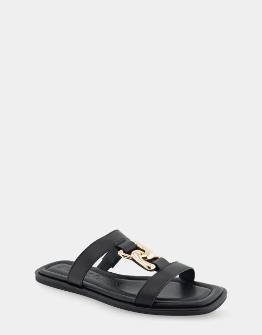 Comfortable Women's Ornamented T-strap Slide Sandal in Black Leather