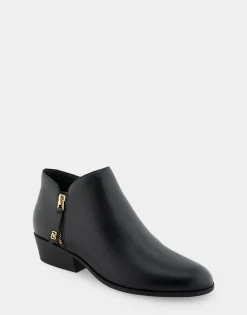 Comfortable Women's Ornamented Zipper Low Bootie in Black Burnished Leather Leather