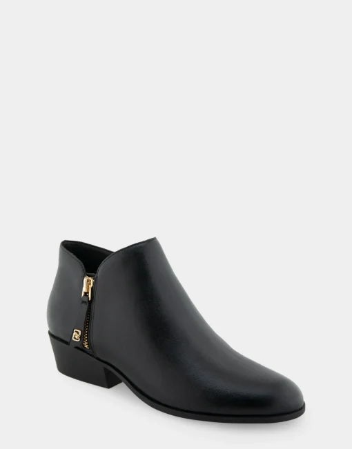 Comfortable Women's Ornamented Zipper Low Bootie in Black Burnished Leather Leather