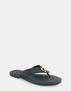 Comfortable Women's Ornamented Thong Sandal in Black Faux Leather