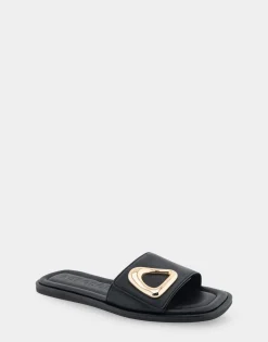 Comfortable Women's Ornamented Single Band Slide Sandal in Black Leather