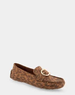 Comfortable Women's Ornamented Driver in Leopard Metallic Fabric Leather