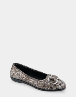 Comfortable Women's Ornamented Flat in Antique Bronze Snake Print Faux Leather Snake Faux Leather