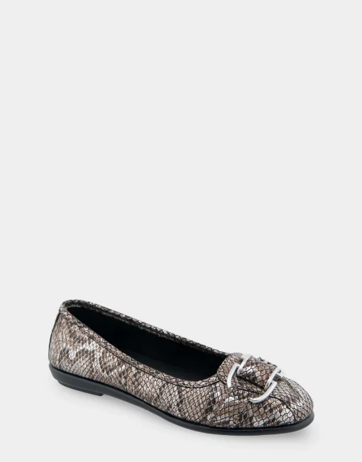 Comfortable Women's Ornamented Flat in Antique Bronze Snake Print Faux Leather Snake Faux Leather