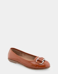 Comfortable Women's Ornamented Flat in Tan Crinkled Patent Faux Leather Patent Faux Leather