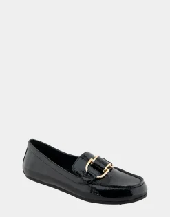 Comfortable Women's Ornamented Loafer in Black Crinkled Patent Faux Leather Patent Faux Leather