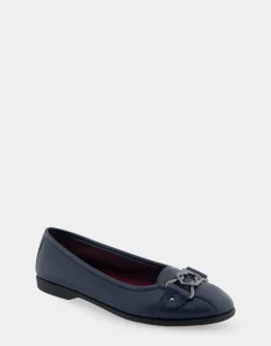 Comfortable Women's Ornamented Flat in Navy Genuine Leather