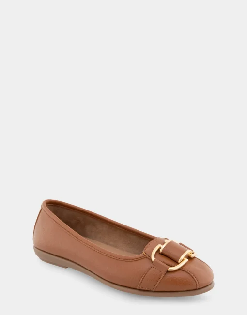 Comfortable Women's Ornamented Flat in Tan Faux Leather