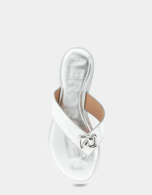 Comfortable Women's Ornamented Thong Sandal in Silver Faux Leather