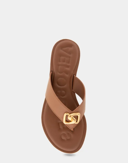 Comfortable Women's Ornamented Thong Sandal in Tan Faux Leather