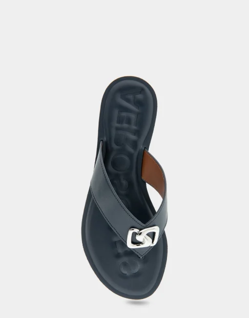 Comfortable Women's Ornamented Thong Sandal in Navy Faux Leather