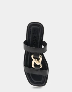 Comfortable Women's Ornamented T-strap Slide Sandal in Black Leather