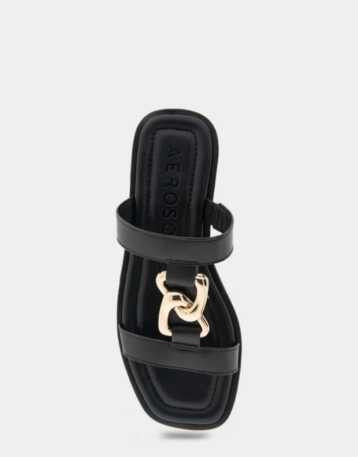 Comfortable Women's Ornamented T-strap Slide Sandal in Black Leather