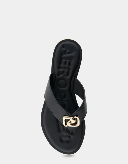 Comfortable Women's Ornamented Thong Sandal in Black Faux Leather