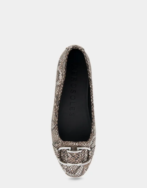 Comfortable Women's Ornamented Flat in Antique Bronze Snake Print Faux Leather Snake Faux Leather