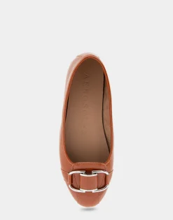 Comfortable Women's Ornamented Flat in Tan Crinkled Patent Faux Leather Patent Faux Leather
