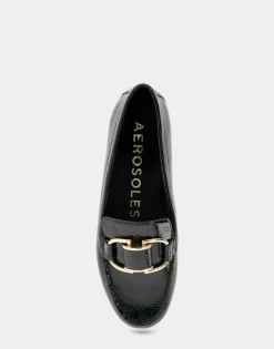 Comfortable Women's Ornamented Loafer in Black Crinkled Patent Faux Leather Patent Faux Leather