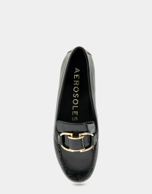 Comfortable Women's Ornamented Loafer in Black Crinkled Patent Faux Leather Patent Faux Leather