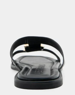 Comfortable Women's Ornamented T-strap Slide Sandal in Black Leather
