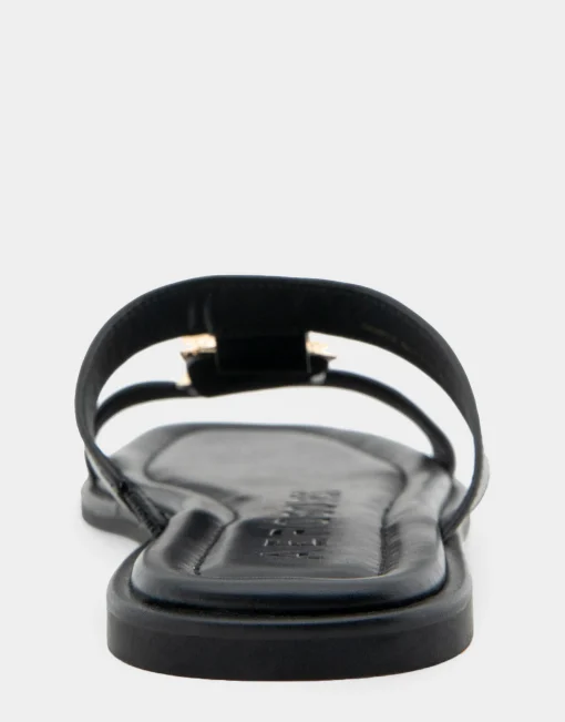 Comfortable Women's Ornamented T-strap Slide Sandal in Black Leather