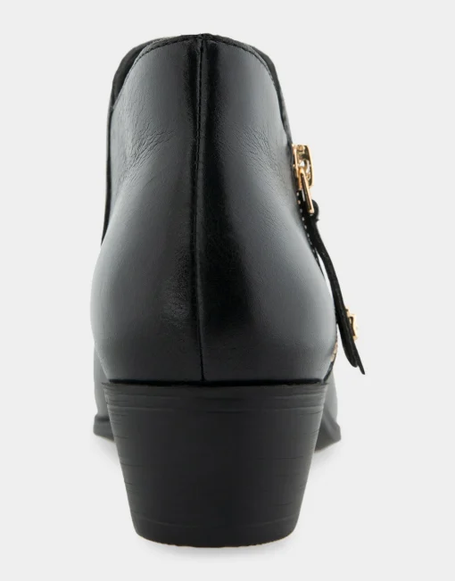 Comfortable Women's Ornamented Zipper Low Bootie in Black Burnished Leather Leather