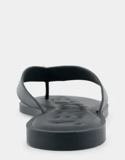 Comfortable Women's Ornamented Thong Sandal in Black Faux Leather