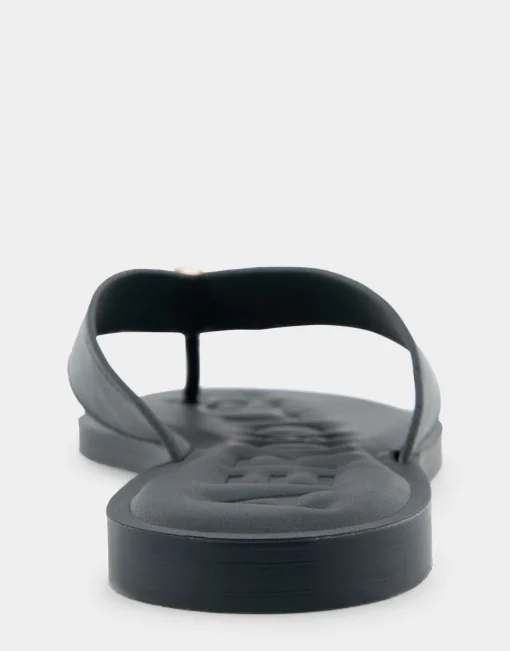 Comfortable Women's Ornamented Thong Sandal in Black Faux Leather