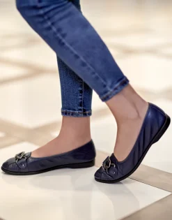 Comfortable Women's Ornamented Flat in Navy Genuine Leather