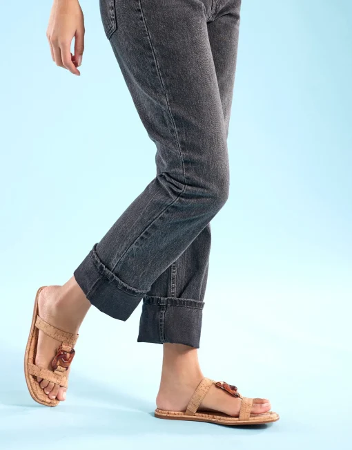 Comfortable Women's Ornamented T-strap Slide Sandal in Cork Cork