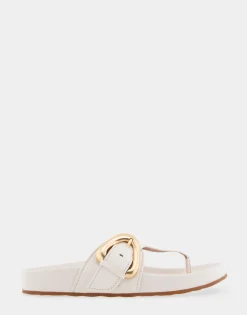 Comfortable Women's Oversized Buckle Molded Footbed Thong Sandal in Eggnog Leather