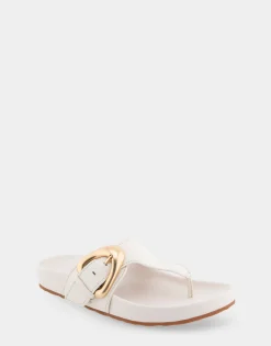 Comfortable Women's Oversized Buckle Molded Footbed Thong Sandal in Eggnog Leather
