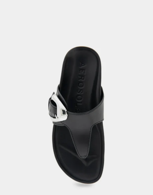 Comfortable Women's Oversized Buckle Molded Footbed Thong Sandal in Black Leather