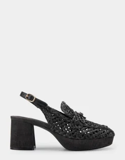 Comfortable Women's Platform Slingback in Black Raffia Fabric