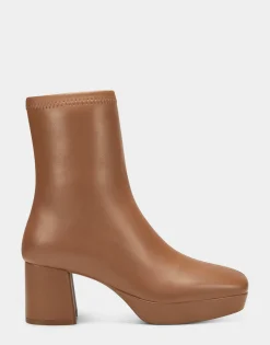 Comfortable Women's Platform Boot in Luggage Stretch Faux Leather
