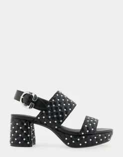 Comfortable Women's Platform Sandal in Black Quilted Faux Leather With Crystals
