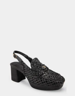 Comfortable Women's Platform Slingback in Black Raffia Fabric