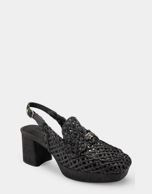 Comfortable Women's Platform Slingback in Black Raffia Fabric