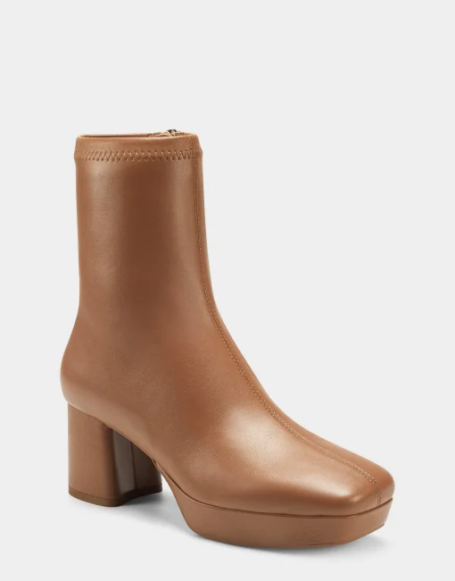 Comfortable Women's Platform Boot in Luggage Stretch Faux Leather