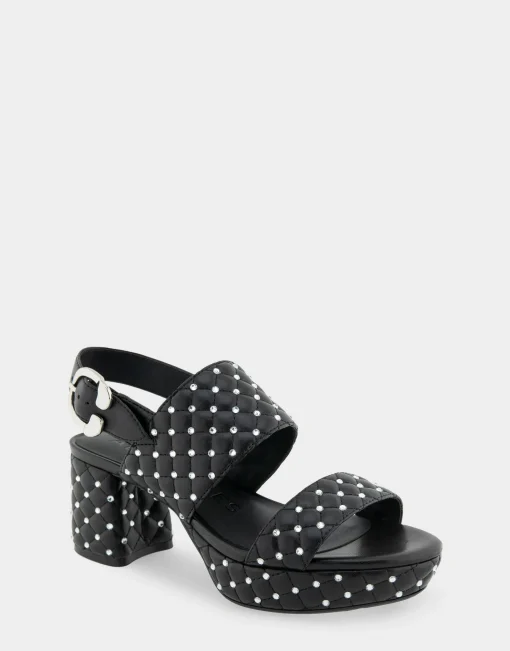 Comfortable Women's Platform Sandal in Black Quilted Faux Leather With Crystals