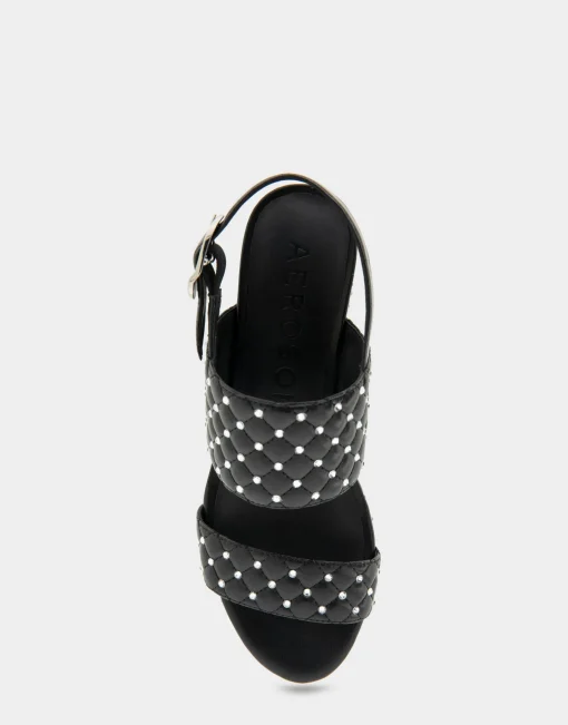 Comfortable Women's Platform Sandal in Black Quilted Faux Leather With Crystals