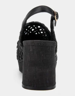 Comfortable Women's Platform Slingback in Black Raffia Fabric
