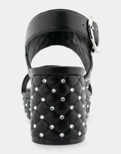 Comfortable Women's Platform Sandal in Black Quilted Faux Leather With Crystals