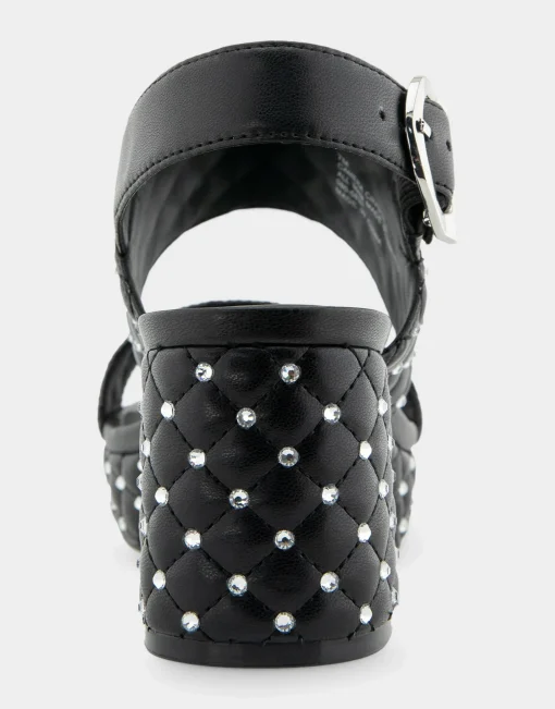 Comfortable Women's Platform Sandal in Black Quilted Faux Leather With Crystals