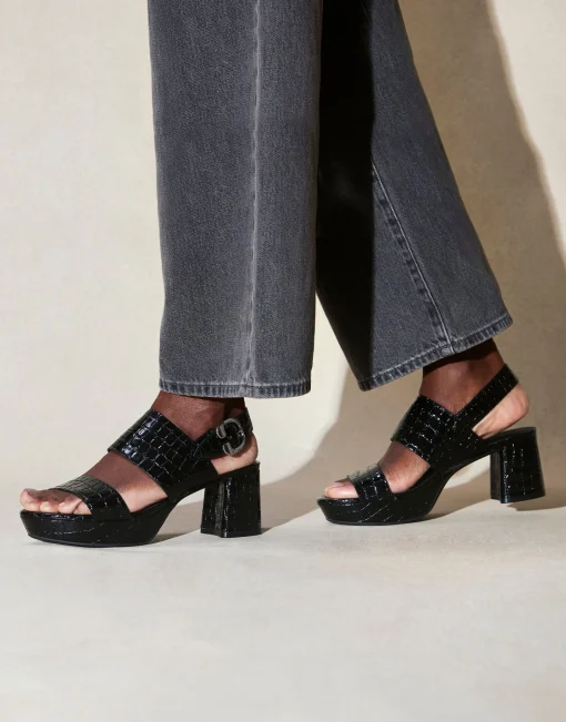 Comfortable Women's Platform Sandal in Black Jelly Croco Black Croco Faux Leather