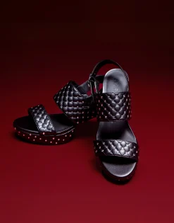 Comfortable Women's Platform Sandal in Black Quilted Faux Leather With Crystals