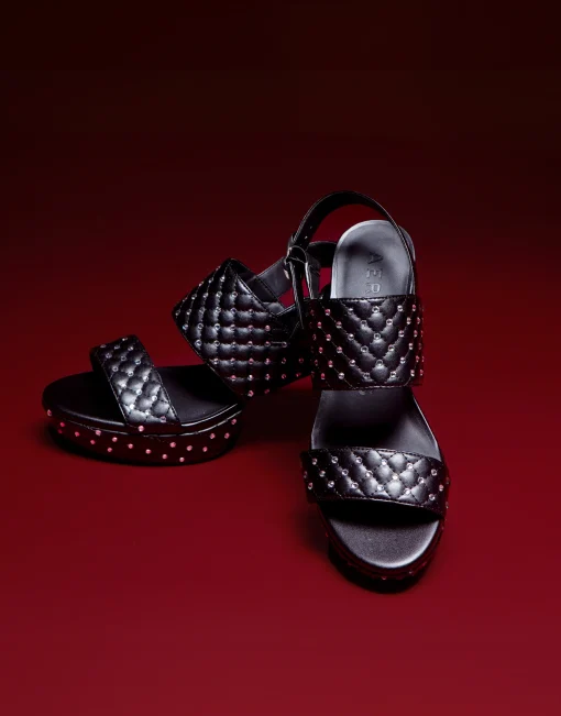 Comfortable Women's Platform Sandal in Black Quilted Faux Leather With Crystals