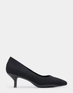 Comfortable Women's Point Toe Kitten Heel Pump in Black Stretch Gabardine Fabric