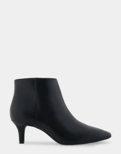 Comfortable Women's Point Toe Kitten Heel Bootie in Black Faux Leather