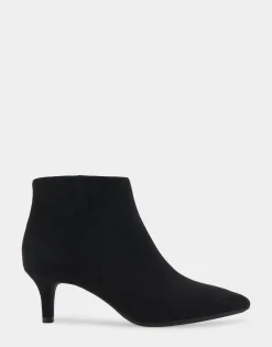 Comfortable Women's Point Toe Kitten Heel Bootie in Black Faux Suede